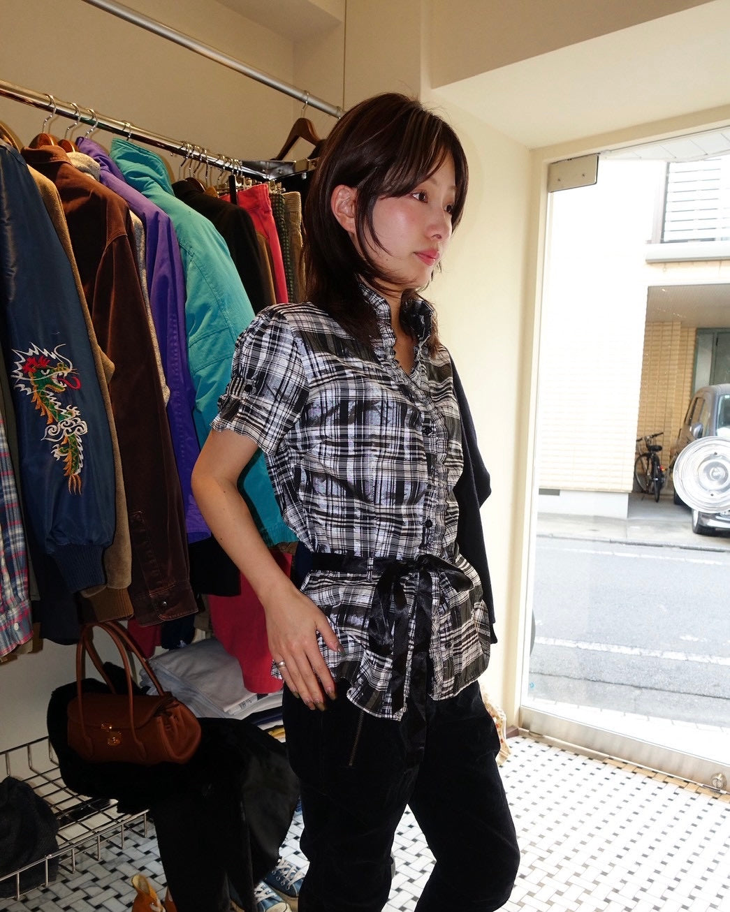 Ribbon Waist Check Blouse