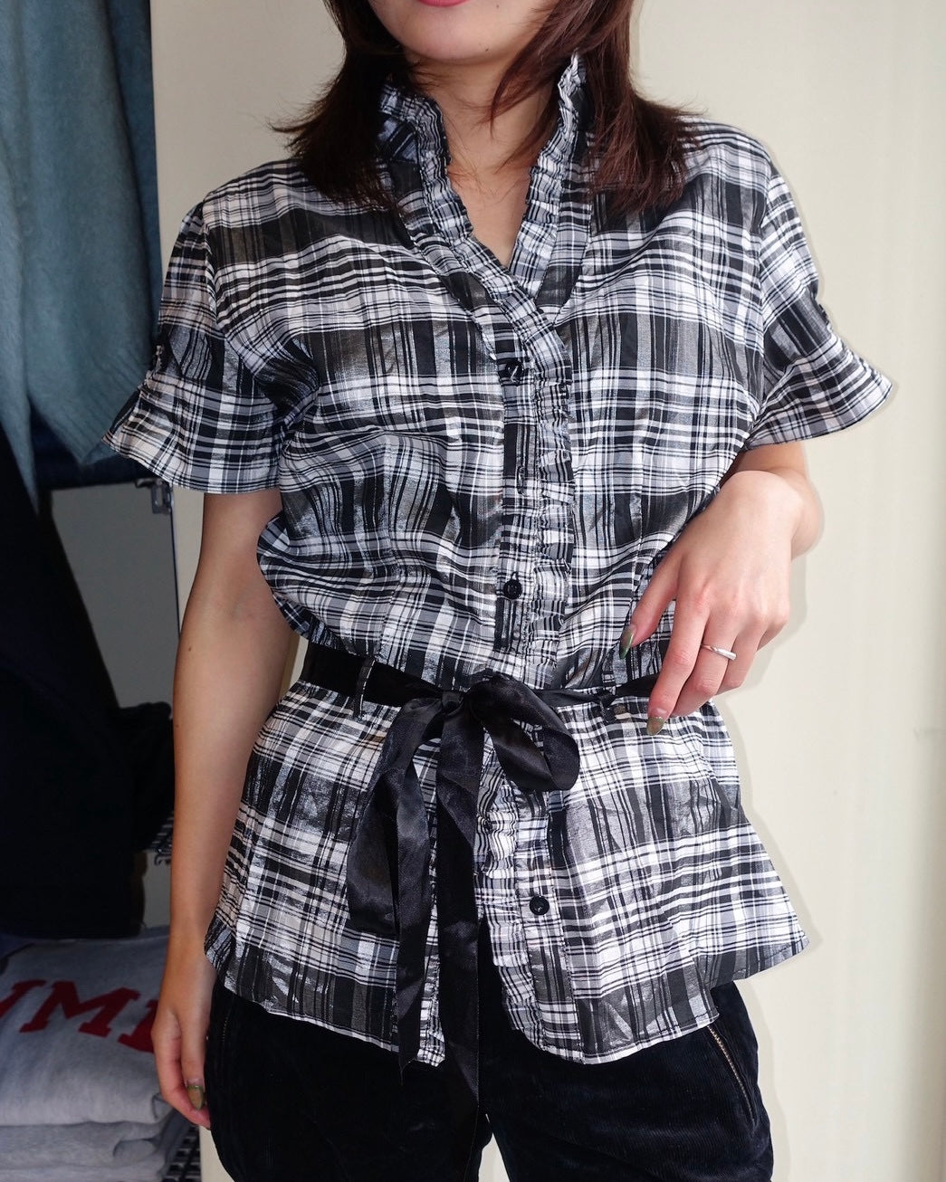 Ribbon Waist Check Blouse
